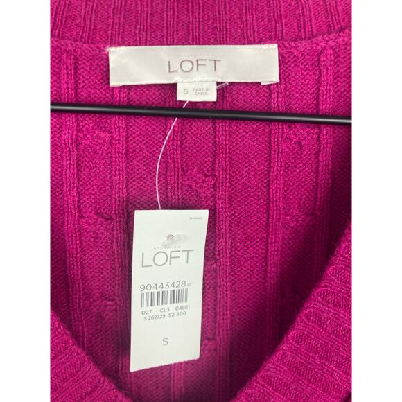 LOFT V-Neck Cable Knit Sweater Fuchsia Sz S Wool Rabbit Hair Blend Cozy NWT - Picture 5 of 6